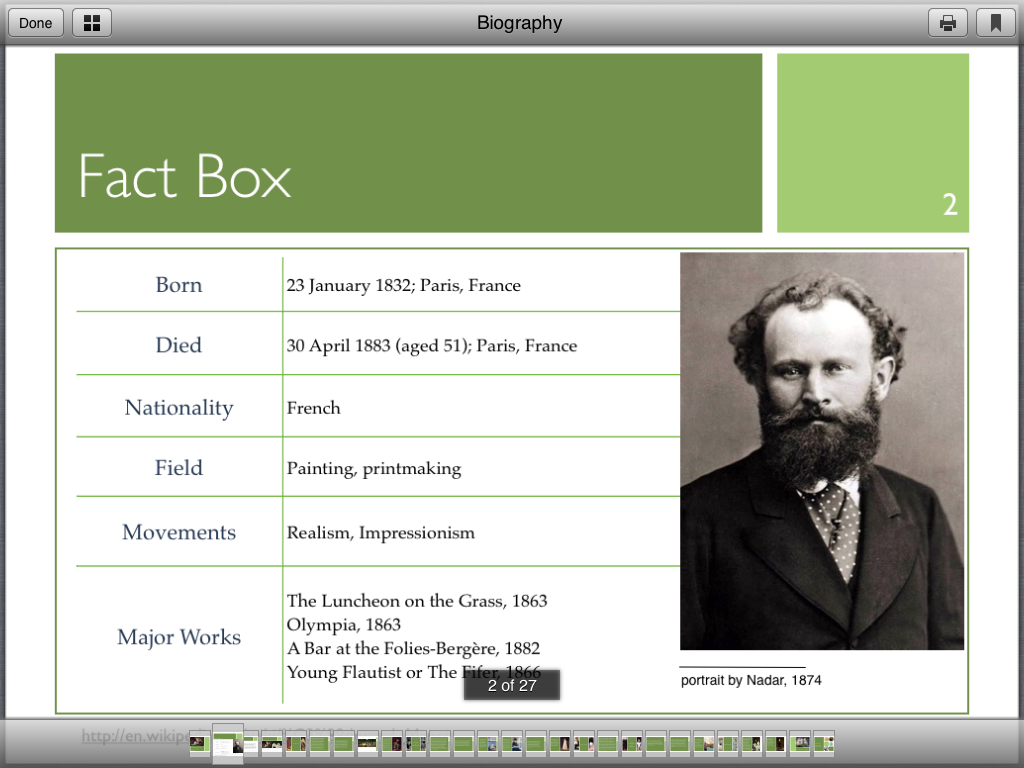 Interface de la biographie de Manet